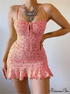 Flower Pattern Spaghetti Strap Deep V Lace-up Flounced Flower Dress