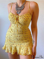 Flower Pattern Spaghetti Strap Deep V Lace-up Flounced Flower Dress