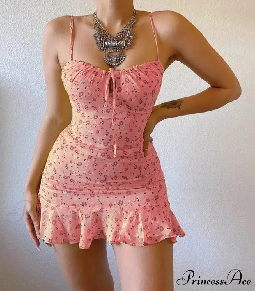 Flower Pattern Spaghetti Strap Deep V Lace-up Flounced Flower Dress