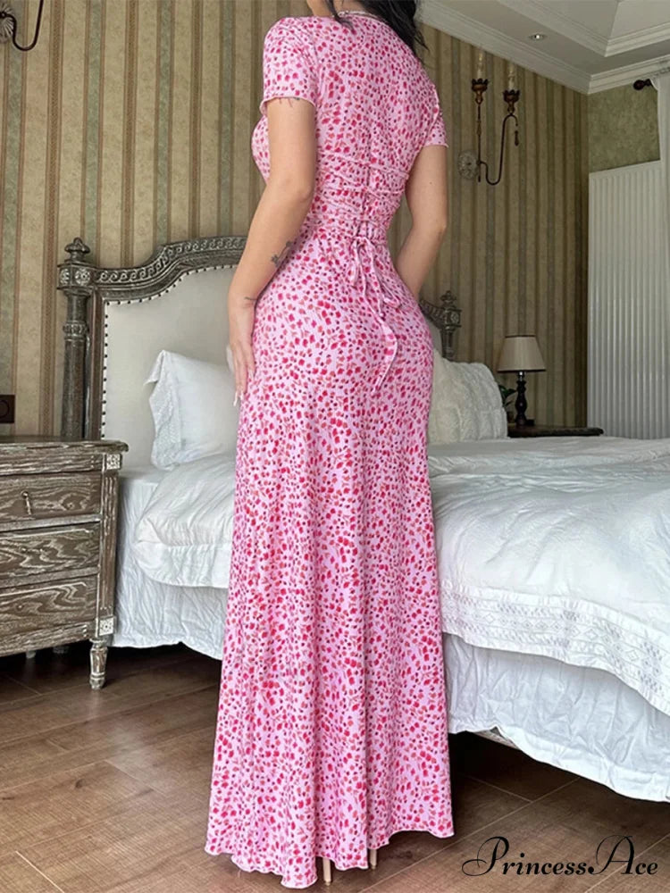 Flower Pattern T-Shirt Fasten Back U-neck A-Line Long Flower Dress