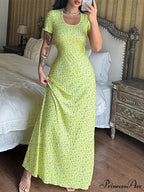 Flower Pattern T-Shirt Fasten Back U-neck A-Line Long Flower Dress