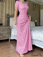 Flower Pattern T-Shirt Fasten Back U-neck A-Line Long Flower Dress