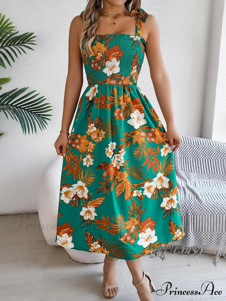Flower Pattern Tie-up Sleeveless Holiday Flower Dress