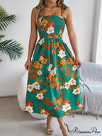 Flower Pattern Tie-up Sleeveless Holiday Flower Dress