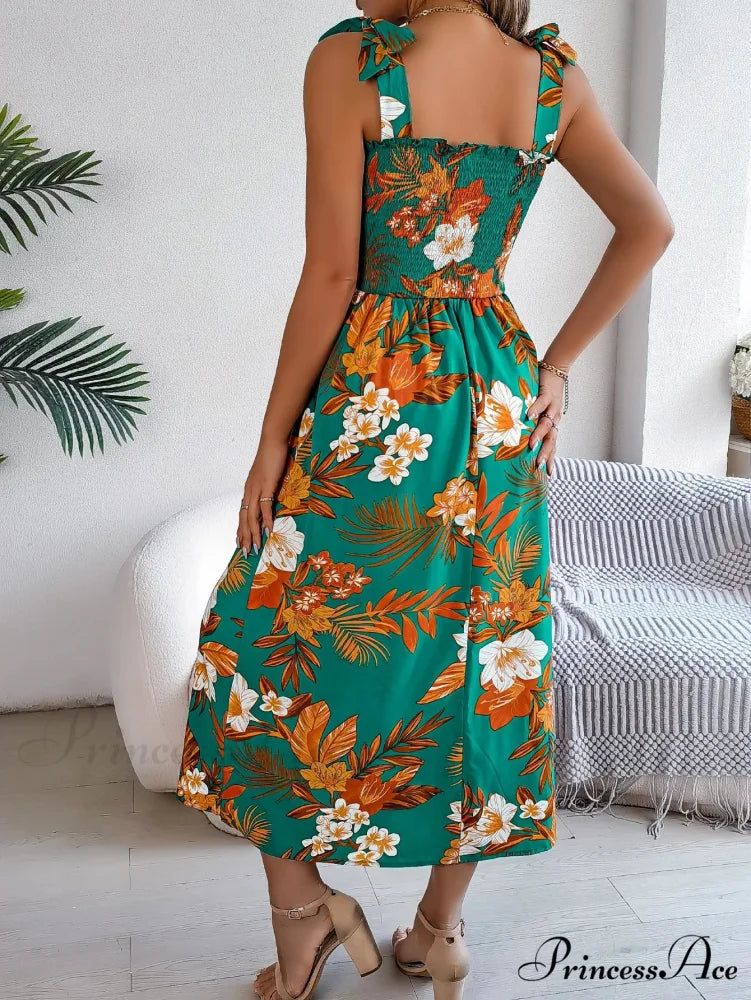 Flower Pattern Tie-up Sleeveless Holiday Flower Dress