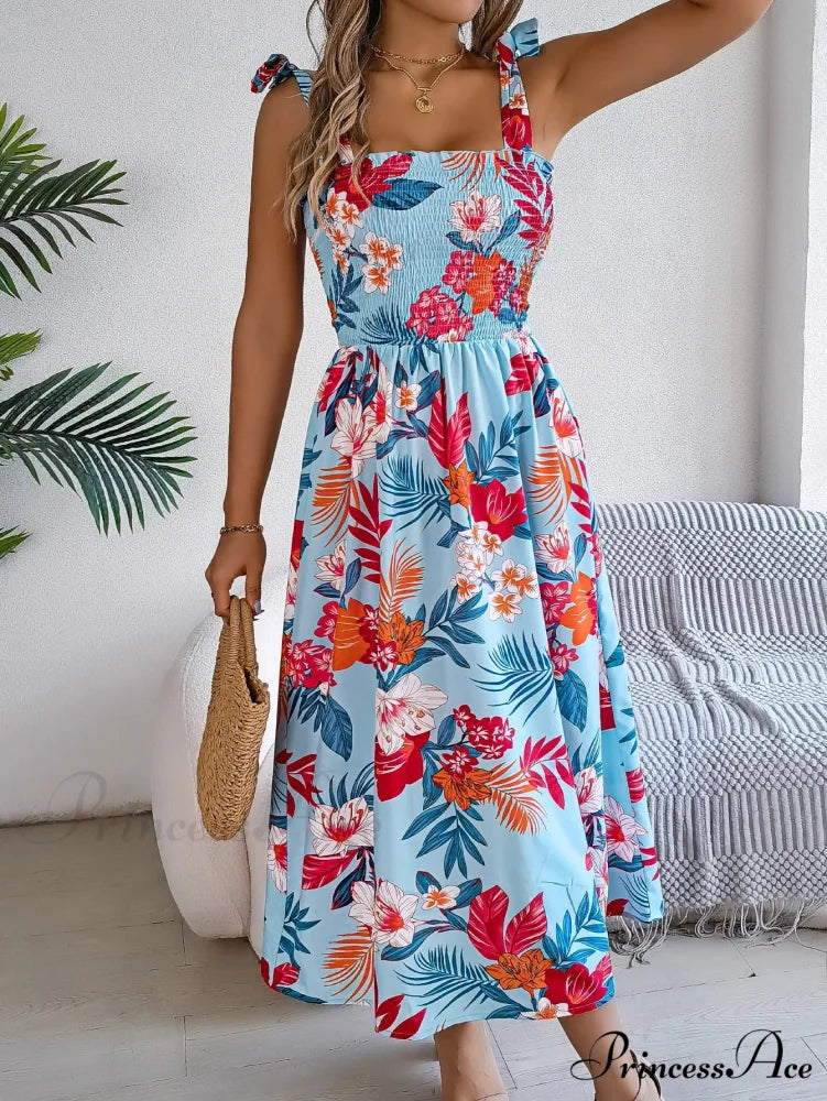 Flower Pattern Tie-up Sleeveless Holiday Flower Dress