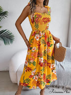 Flower Pattern Tie-up Sleeveless Holiday Flower Dress