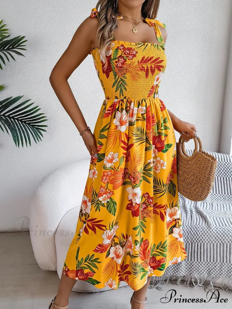 Flower Pattern Tie-up Sleeveless Holiday Flower Dress