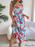 Flower Pattern Tie-up Sleeveless Holiday Flower Dress