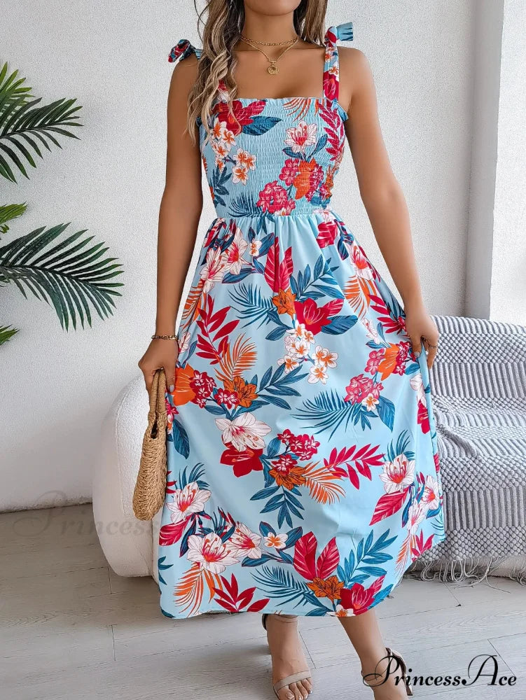 Flower Pattern Tie-up Sleeveless Holiday Flower Dress