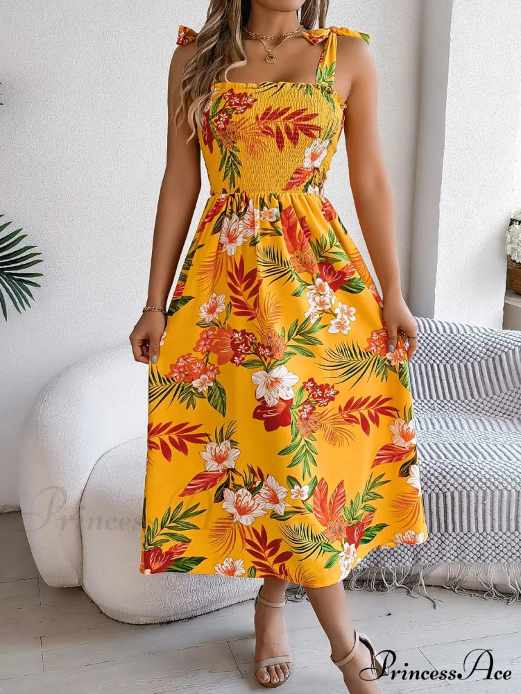 Flower Pattern Tie-up Sleeveless Holiday Flower Dress