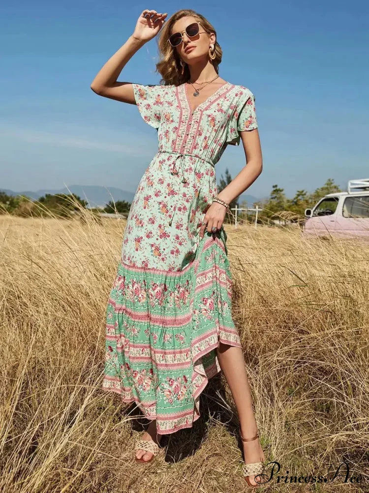 Flower Pattern V-neck Button Pleated Rayon Bohemian Dress