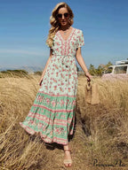 Flower Pattern V-neck Button Pleated Rayon Bohemian Dress
