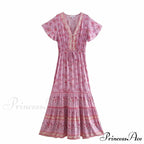 Flower Pattern V-neck Button Pleated Rayon Bohemian Dress