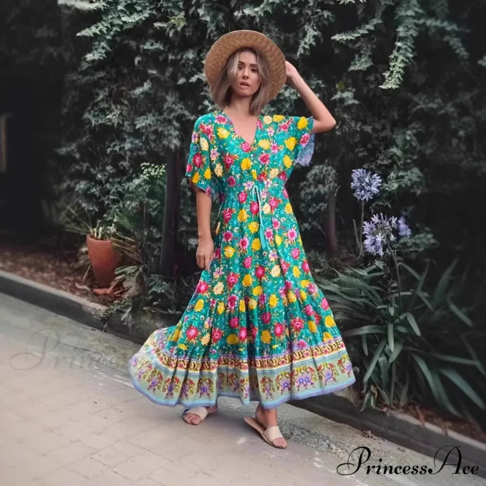 Flower Pattern V-neck Fringe Relaxed Seaside Maxi Boho Dress