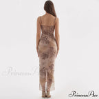 Flower Print Lace Trim Spaghetti Classic Strap Bodycon Midi Dress - Pink