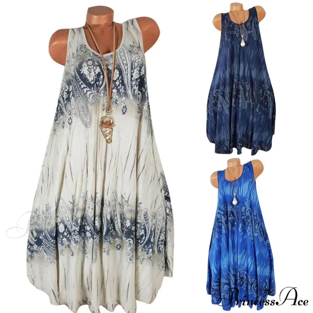Flower Print Sleeveless Round Neck Loose Shift Dress