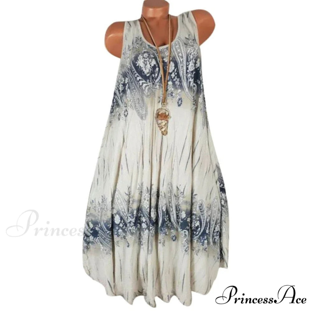 Flower Print Sleeveless Round Neck Loose Shift Dress