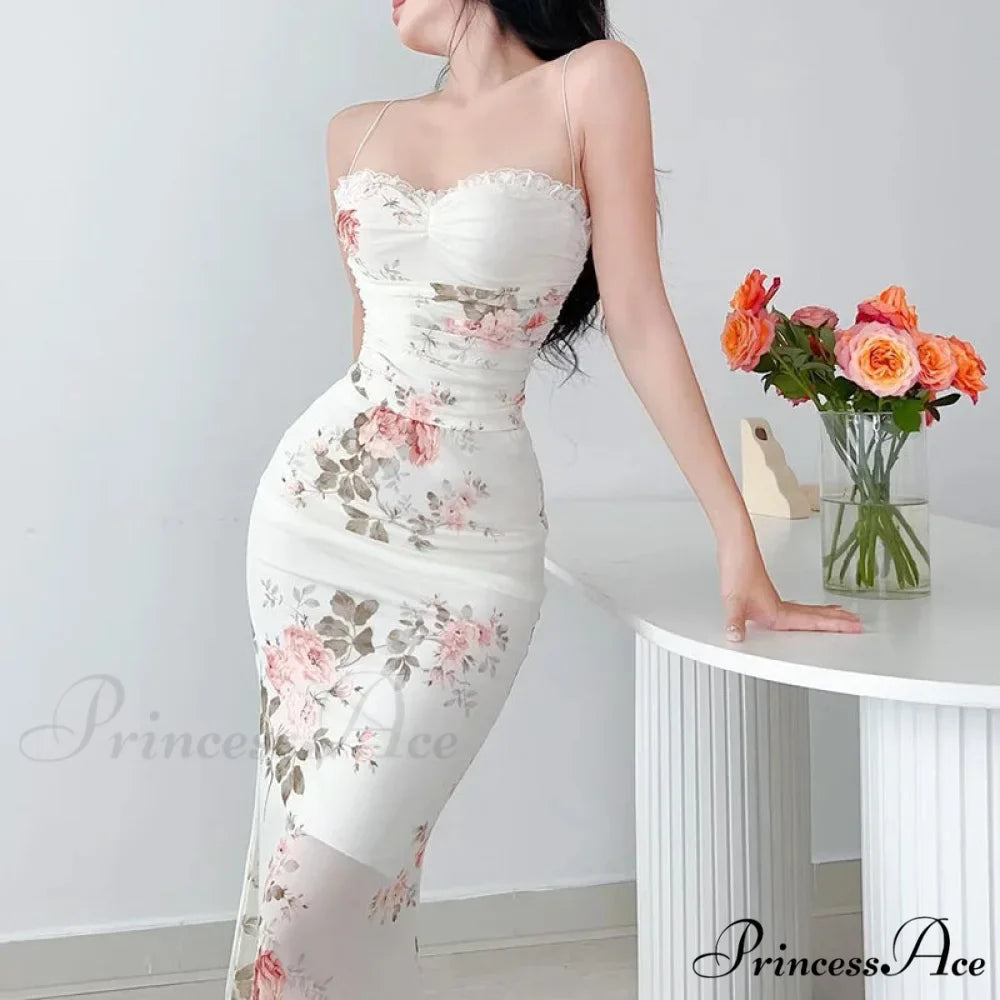 Flower Print Suspender Off Shoulder Backless Midi Chic Female Party Club Floral Dress