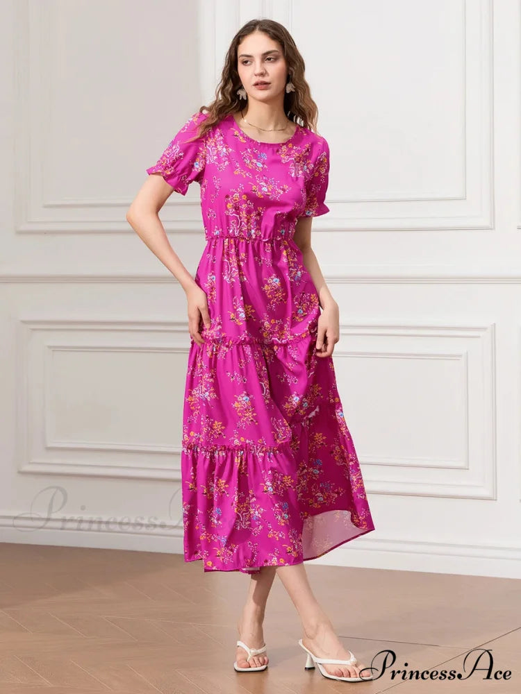 Flower Ruched Layered Puffy Sleeve Pleated Flowy Long Flower Dress