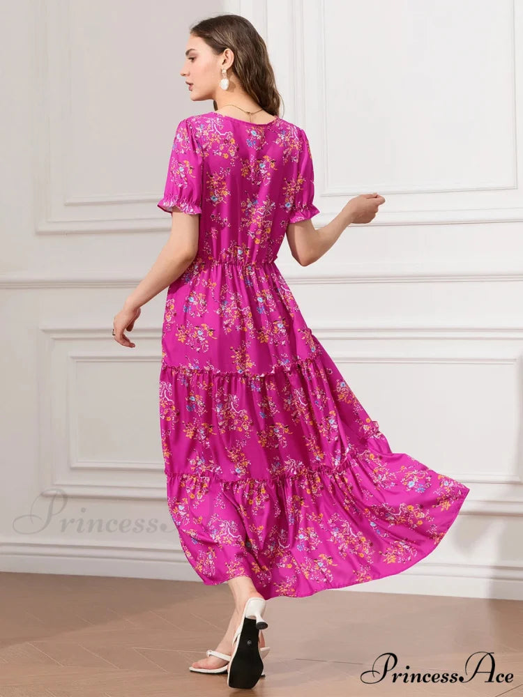 Flower Ruched Layered Puffy Sleeve Pleated Flowy Long Flower Dress