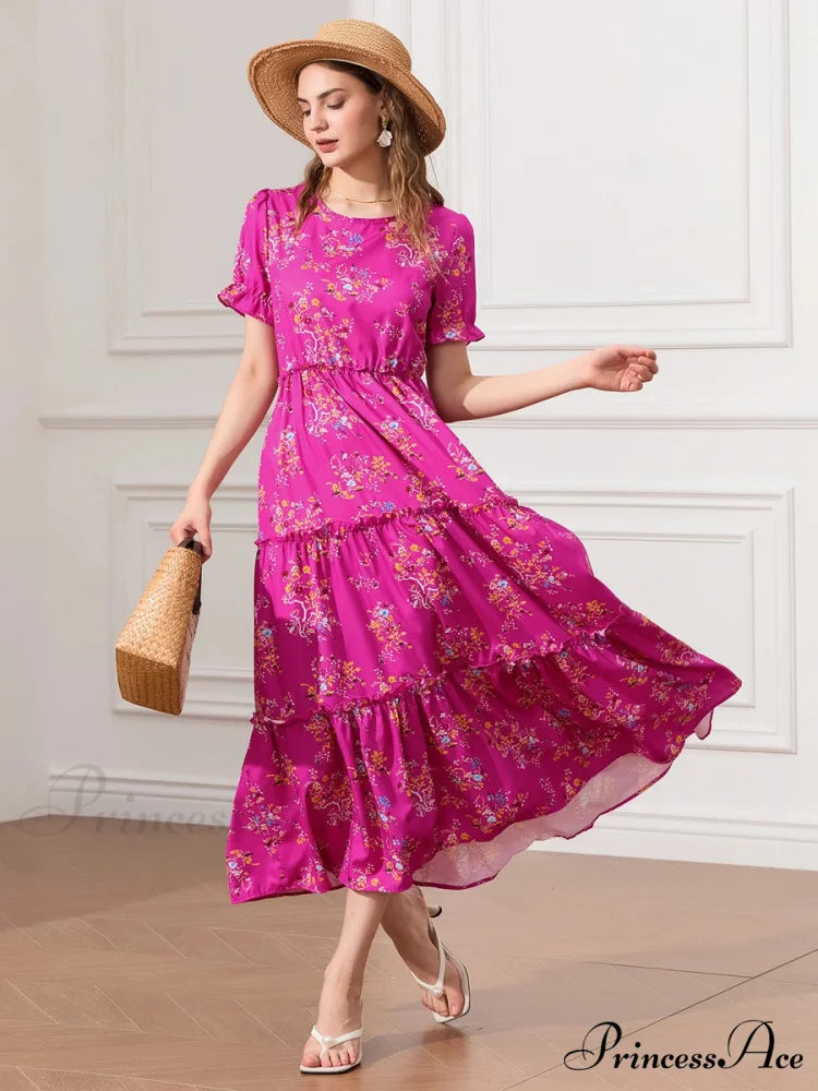 Flower Ruched Layered Puffy Sleeve Pleated Flowy Long Flower Dress