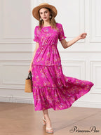 Flower Ruched Layered Puffy Sleeve Pleated Flowy Long Flower Dress