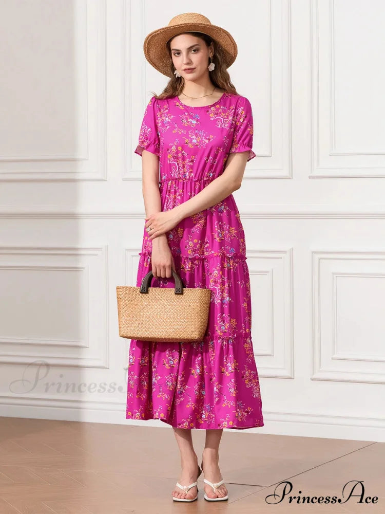 Flower Ruched Layered Puffy Sleeve Pleated Flowy Long Flower Dress