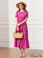 Flower Ruched Layered Puffy Sleeve Pleated Flowy Long Flower Dress