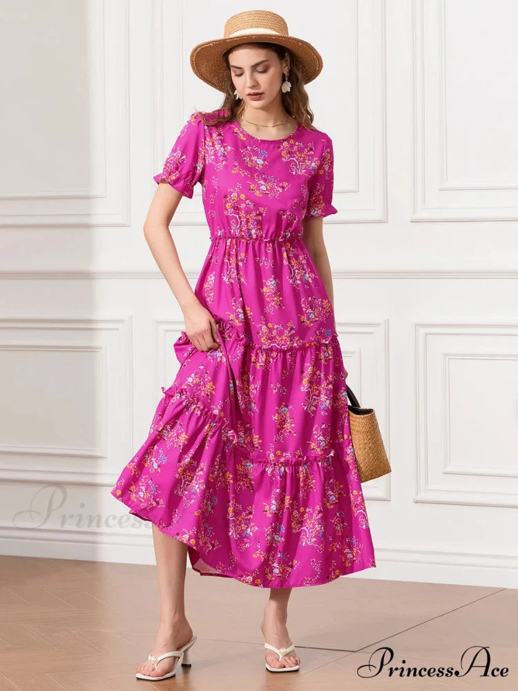 Flower Ruched Layered Puffy Sleeve Pleated Flowy Long Flower Dress