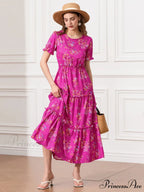 Flower Ruched Layered Puffy Sleeve Pleated Flowy Long Flower Dress