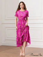 Flower Ruched Layered Puffy Sleeve Pleated Flowy Long Flower Dress