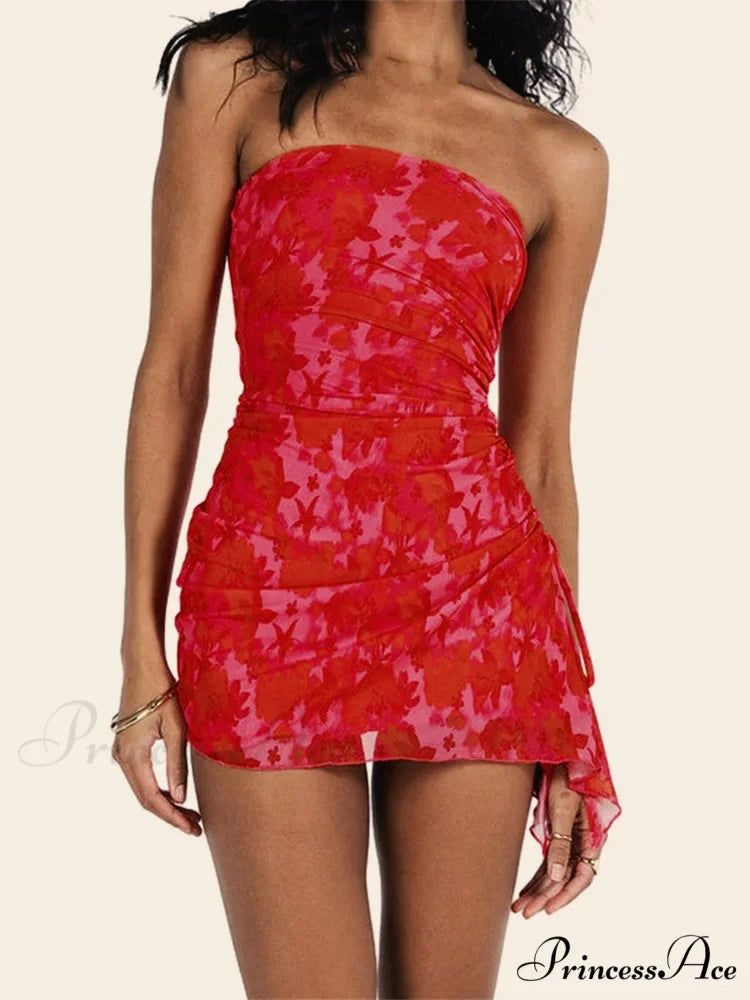 Flower Ruched Side-Split Mini Dress