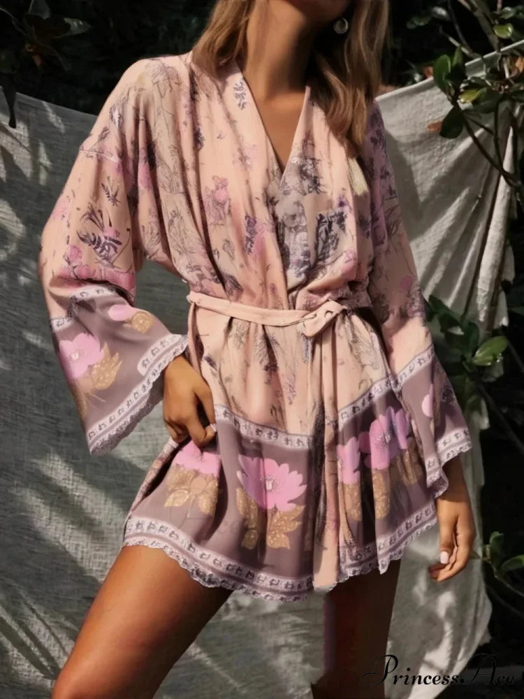 Flower Sashes Bat Sleeve Bohemian Kimono Dress