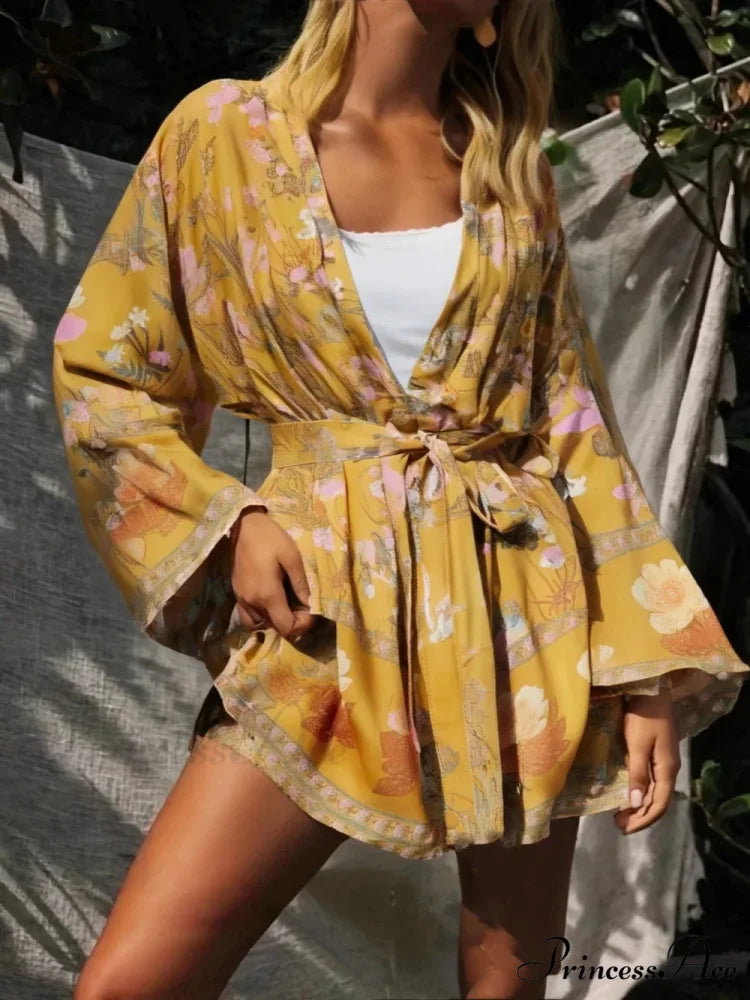 Flower Sashes Bat Sleeve Bohemian Kimono Dress