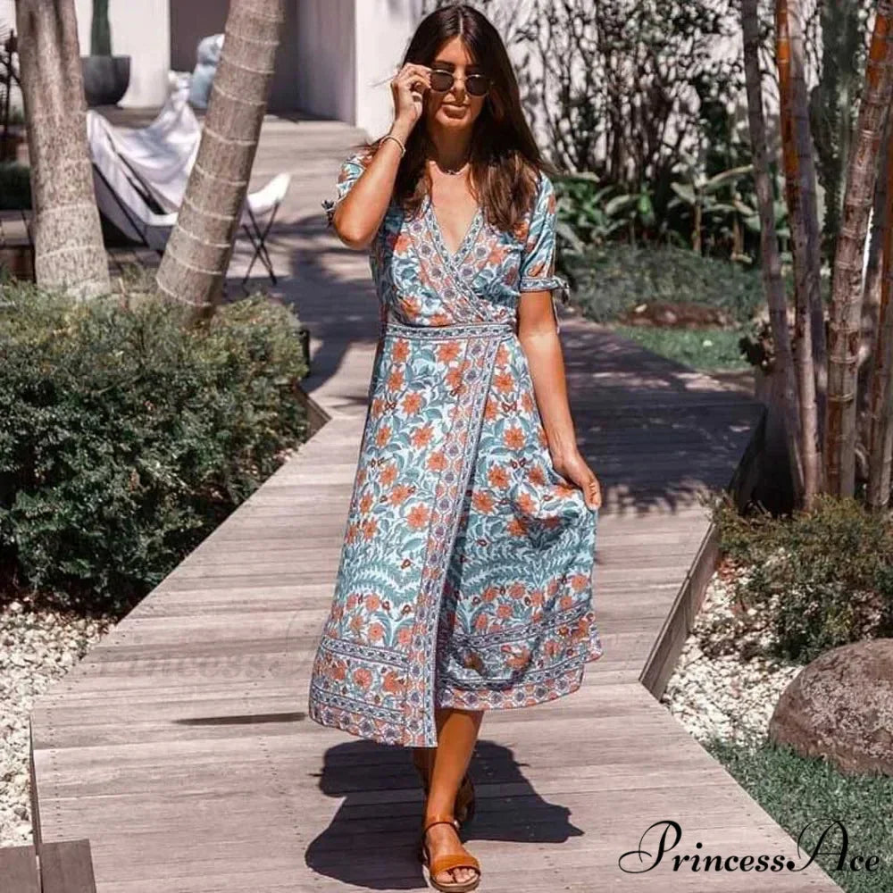 Flower Short Sleeve Belts Bohemian Dress