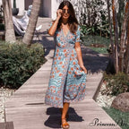 Flower Short Sleeve Belts Bohemian Dress