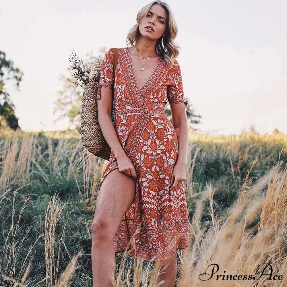 Flower Short Sleeve Belts Bohemian Dress