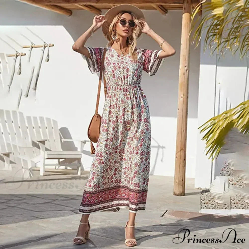 Flower Short Sleeve Seaside Bohemian Dress