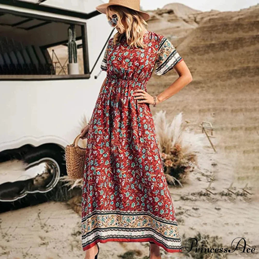 Flower Short Sleeve Seaside Bohemian Dress