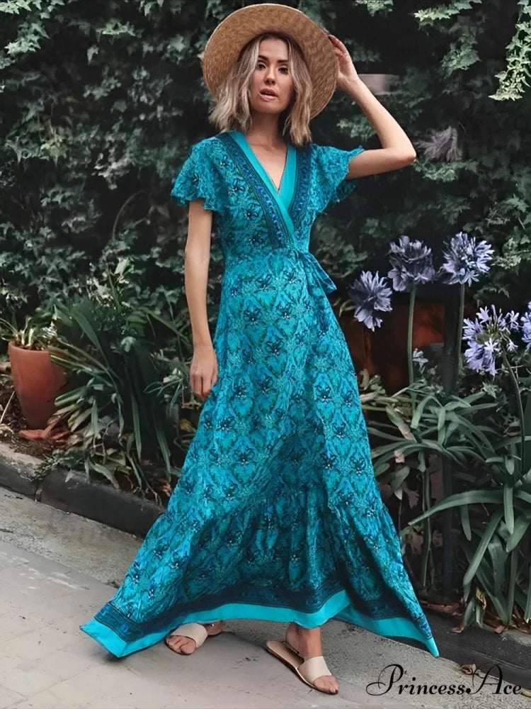 Flower Short Sleeve V-neck Bohemian Dress