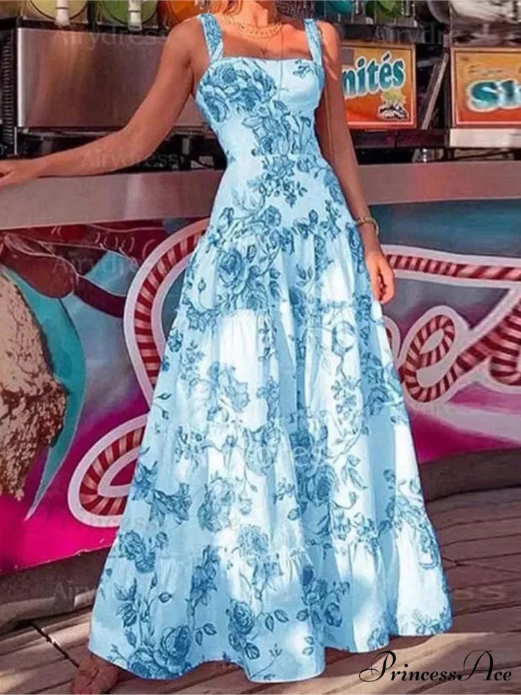 Flower Spaghetti Strap Tall Waist Maxi Dress