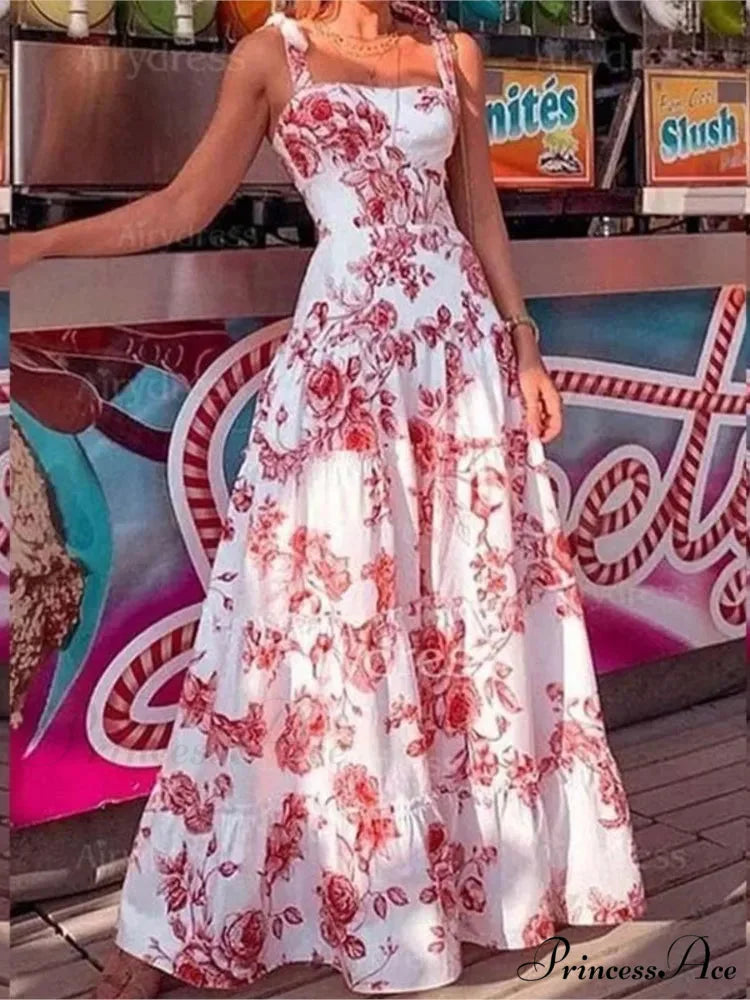 Flower Spaghetti Strap Tall Waist Maxi Dress