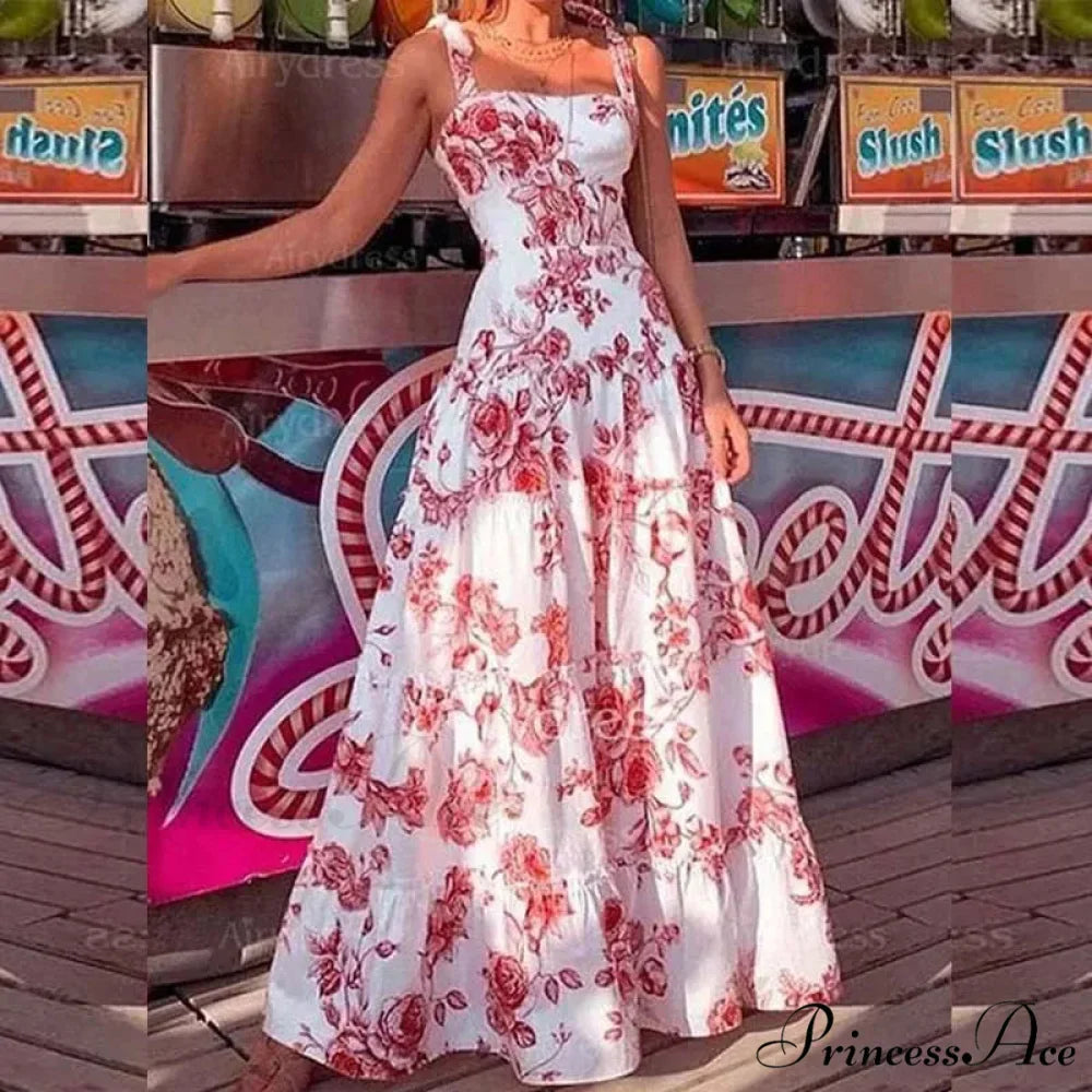 Flower Spaghetti Strap Tall Waist Maxi Dress