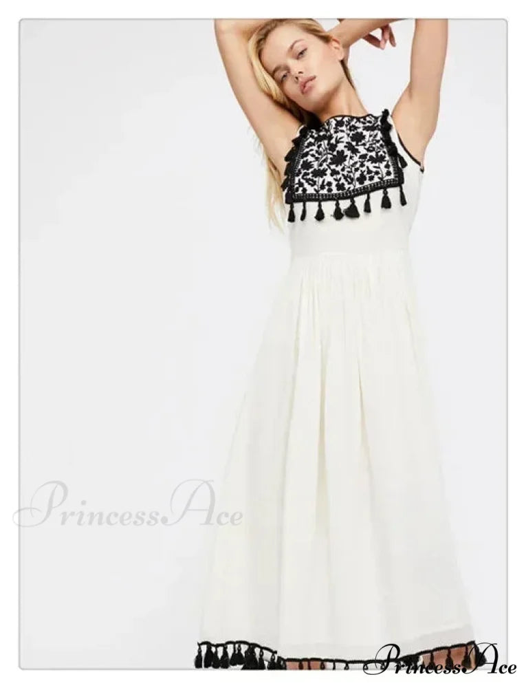 Flower Stitch Sleeveless Fringe Cotton Bohemian Dress
