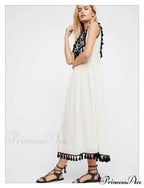 Flower Stitch Sleeveless Fringe Cotton Bohemian Dress