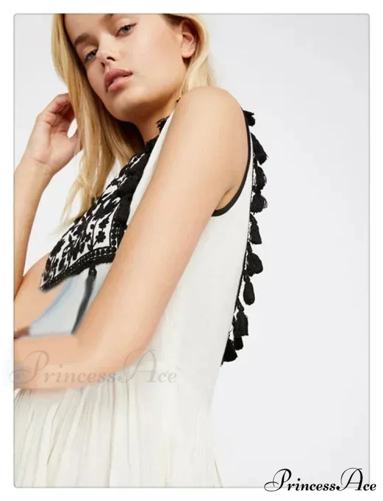 Flower Stitch Sleeveless Fringe Cotton Bohemian Dress