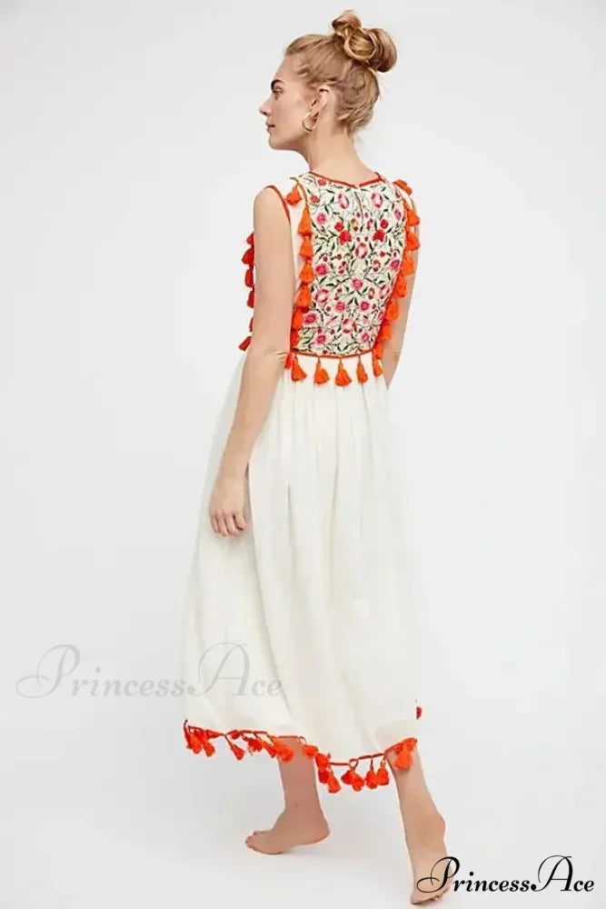 Flower Stitch Sleeveless Fringe Cotton Bohemian Dress