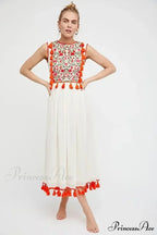 Flower Stitch Sleeveless Fringe Cotton Bohemian Dress