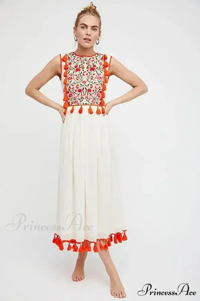 Flower Stitch Sleeveless Fringe Cotton Bohemian Dress